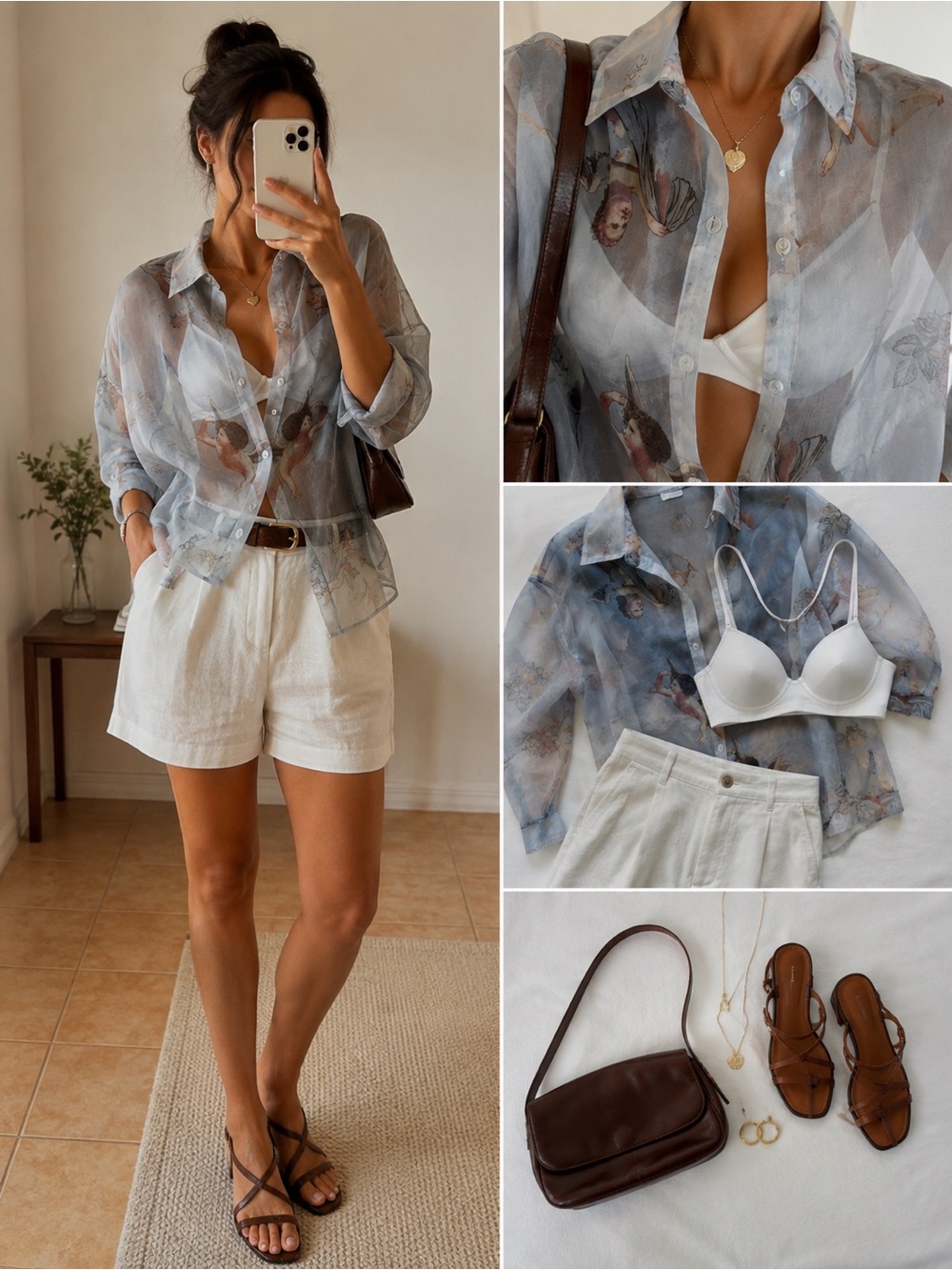 Sheer Printed Button-Up Blouse in Light Blue
